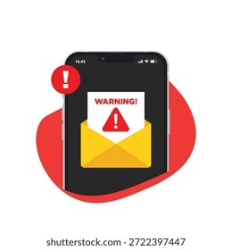 Spam Email Message Distribution, Malware Spreading Virus. smartphone com notificação de e-mail de spam com ícone de alerta e mensagem de aviso.