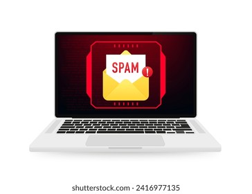 Spam email. Spam message on laptop screen. Advertising, phishing, distribution of malware through spam messages. Warning and alert spam notification. Virus, email fraud concept. Vector illustration 