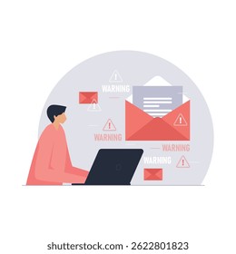 Notificação de spam por e-mail, Aviso e mensagem de spam Alerta, Fraude e fraude, Roubo de dados e conceito de violação de dados