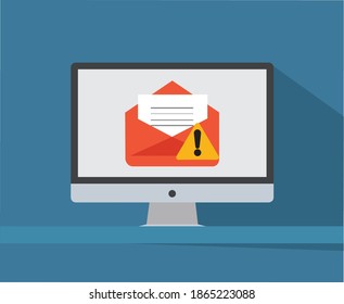 spam email on desktop computer with warning symbol vector illustration, fake email concept 