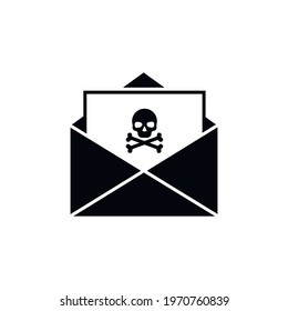 Spam Email. An Open Envelope With A Skull And Crossbones. The Concept Of Cybercrime, Fraud, Phishing, Malicious Software. Solid Black Vector Icon Isolated On A White Background.