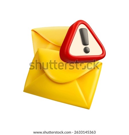 Spam email vector 3d icon. Warning message design element isolated on white background. Cartoon envelope with exclamation mark in triangle. Scam alert