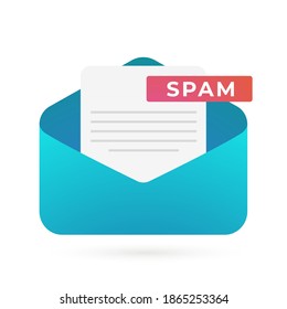Spam Email vector icon. Malware spreading spam virus, scam and fraud mail. Irrelevant unsolicited malicious spam email envelope with warning message and alert notification isolated on white background