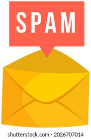 Spam email warning sign. Concept of virus piracy hacking and security. Envelope with spam. Website banner of e-mail protection, anti malware software. Flat vector mailing of advertising correspondence