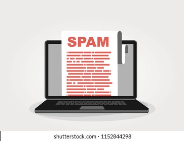 Spam Email Warning Window Appear On Laptop Screen. Concept of virus, piracy, hacking and security. Envelope with spam. Website banner of e-mail protection, anti-malware software. Flat vector.