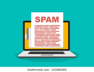 Spam Email Warning Window Appear On Laptop Screen. Concept of virus, piracy, hacking and security. Envelope with spam. Website banner of e-mail protection, anti-malware software. Flat vector.