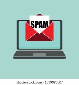 Spam email warning window appear on laptop screen. Concept of virus, piracy, hacking and security. Envelope with spam. Vector illustration EPS 10.