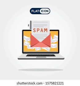 Spam Email Warning Window Appear On Laptop Screen. Concept of virus, piracy, hacking and security. Envelope with spam. Website banner of e-mail protection, anti-malware software. Flat vector.
