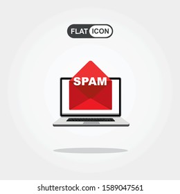 Spam Email Warning Window Appear On Laptop Screen. Concept of virus, piracy, hacking and security. Envelope with spam. Website banner of e-mail protection, anti-malware software. Flat vector.