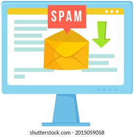 Spam email warning window appear on laptop screen. Concept of virus, piracy, hacking and security. Envelope with spam. E-mail protection, anti-malware software. Mailing of advertising correspondence