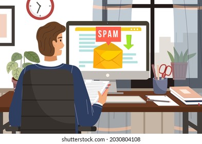 Spam email warning window appear on screen. Concept of virus, piracy, hacking and security. Man receives email with spam. Protection, anti-malware software. Mailing of advertising correspondence