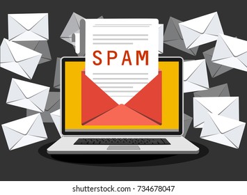 Spam email warning window appear on laptop screen. Concept of virus, piracy, hacking and security. Envelope with spam. Website banner of e-mail protection, anti-malware software. Flat vector.