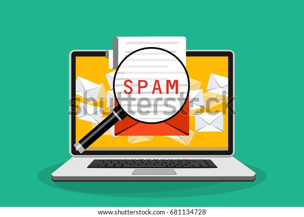Spam Email Warning Window Appear On Laptop\
Screen. Concept of virus, piracy, hacking and security. Envelope\
with spam. Website banner of e-mail protection, anti-malware\
software. Flat vector.