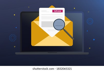 Spam Email Warning Window vector concept illustration. Laptop with yellow mail envelope, spam fraud alert and warning message. Irrelevant unsolicited malicious software, malware spreading virus, scam svg