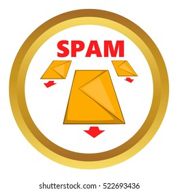 Spam envelopes vector icon in golden circle, cartoon style isolated on white background