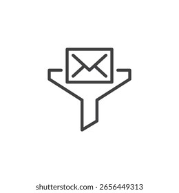 Ícone da linha de email do filtro de spam. Ícone de vetor de contorno de um funil filtrando um envelope, representando a proteção contra lixo eletrônico. Símbolo de ícone em estilo de linha limpo para segurança de comunicação.