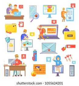 Spam and hackers collection, hacker trying to break security system, man with money in bag, hack vector illustration isolated on white background