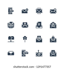 spam icon set. Collection of 16 filled spam icons included Mail, Phishing, Inbox, Email, Mailbox, Malware, Envelope