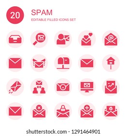 spam icon set. Collection of 20 filled spam icons included Inbox, Mail, Email, Mailbox, Envelope, Malware