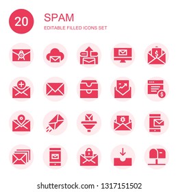 spam icon set. Collection of 20 filled spam icons included Mail, Email, Inbox, Envelope, Ransomware, Malware, Mailbox