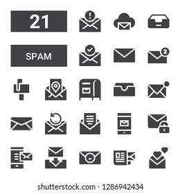 spam icon set. Collection of 21 filled spam icons included Email, Mail, Inbox, Mailbox