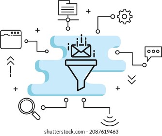 Diseño de iconos del vector de comprobador de correo basura entrante de correo basura, símbolo de servicios de computación en nube y alojamiento web, concepto de filtro saliente de correo electrónico,