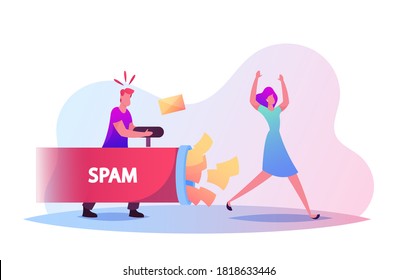 Spam and Info Garbage Concept. Tiny Male Character Shooting with Paper Envelopes Flowing from Huge Pipe in Woman Escaping from Attack. Email Messages, Newsletters. Cartoon People Vector Illustration