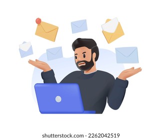 Spam isolated 3D cartoon vector illustrations. Confused man getting many spam emails, looking at laptop screen, IT technology, network hacking attack, cybersecurity threat vector cartoon 3D realistic