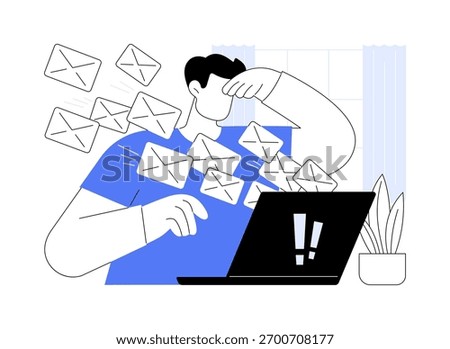 Spam isolated cartoon vector illustrations. Confused man getting many spam emails, looking at laptop screen, IT technology, network hacking attack, cybersecurity threat vector cartoon.