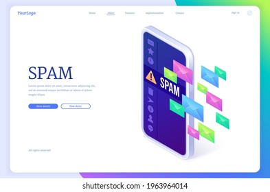 Spam isometric landing page with letter envelopes on smartphone screen. Electronic email service messages as part of business marketing or hacker attack. Webmail malware concept, 3d vector web banner