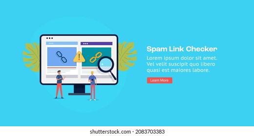 Comprobador de vínculos de correo basura, correo basura de enlace de sitios web, SEO de creación de enlaces - ilustración vectorial de diseño plano con iconos y caracteres