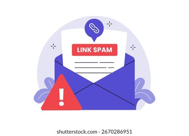Link de spam em uma ilustração de mensagem de e-mail. Ilustração plana de vetor