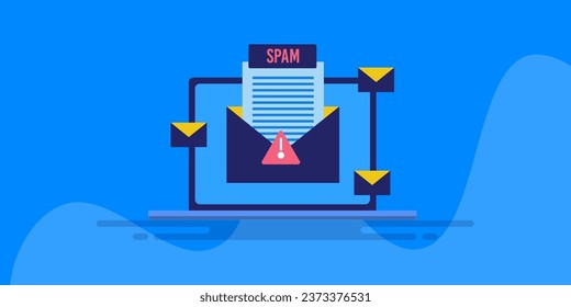 Spam mail concept, Unwanted junk email, Spam messages on laptop screen, Spamming inbox, Fraud, Scam alert - vector illustration banner with icons