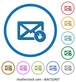 Spam mail flat color vector icons with shadows in round outlines on white background