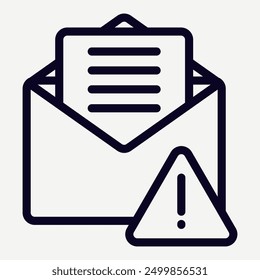 Icono de correo basura en estilo de línea con alerta de advertencia, ilustración de distribución de mensajes basura, fraude, propagación de virus y phishing, adecuado para infografías y presentaciones.