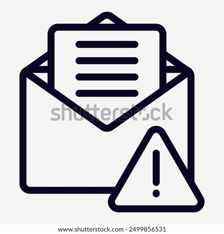 Spam mail icon in line style with warning alert, illustration of distribution of spam messages, fraud, spread of viruses and phishing, suitable for infographics and presentations.