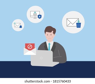 Spam mail  illustration set. Remove, email, network Vector drawing. Hand drawn style.