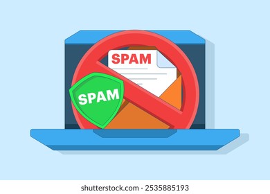 spam mailbox concept, spam warning, laptop with envelope and document, warning, security. sending spam mail and document online, warning message, flat vector illustration template.