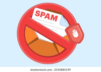 spam mailbox concept, spam warning, laptop with envelope and document, warning, security. sending spam mail and document online, warning message, flat vector illustration template.