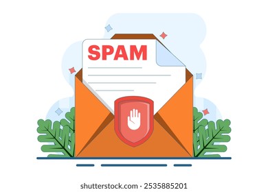 spam mailbox concept, spam warning, laptop with envelope and document, warning, security. sending spam mail and document online, warning message, flat vector illustration template.