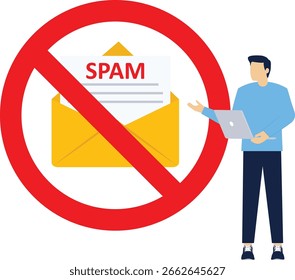 concepto de buzón de spam, advertencia de spam, portátil con sobre y documento, advertencia, seguridad. envío de correo y documento de spam en línea, mensaje de advertencia, Plantilla de Ilustración vectorial plana.

