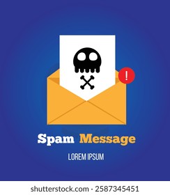 Spam Message Email Letter with Skull and Bones Flat Style. Safety online and internet crime activities concept vector art