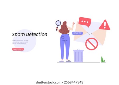 Spam message illustration. User receiving spam email and using anti-spam protection. Concept of spam software spreading, ad blocking, phishing attack, noise advertising. Vector flat cartoon design