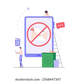 Spam message illustration. User receiving spam email and using anti-spam protection. Concept of spam software spreading, ad blocking, phishing attack, noise advertising. Vector flat cartoon design