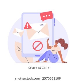 Spam message illustration. User receiving spam email and using anti-spam protection. Concept of spam software spreading, ad blocking, phishing attack, noise advertising. Vector flat cartoon design