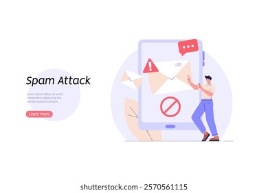 Spam message illustration. User receiving spam email and using anti-spam protection. Concept of spam software spreading, ad blocking, phishing attack, noise advertising. Vector flat cartoon design