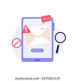 Spam message illustration. User receiving spam email and using anti-spam protection. Concept of spam software spreading, ad blocking, phishing attack, noise advertising. Vector flat cartoon design