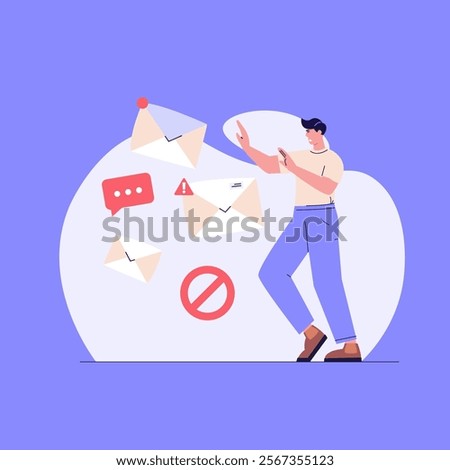 Spam message illustration. User receiving spam email and using anti-spam protection. Concept of spam software spreading, ad blocking, phishing attack, noise advertising. Vector flat cartoon design