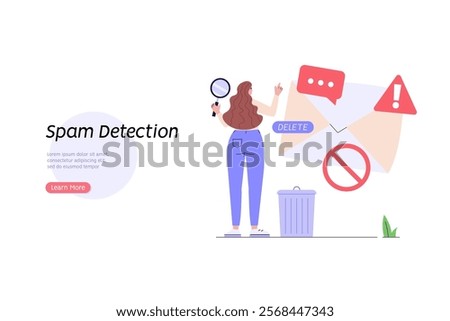 Spam message illustration. User receiving spam email and using anti-spam protection. Concept of spam software spreading, ad blocking, phishing attack, noise advertising. Vector flat cartoon design