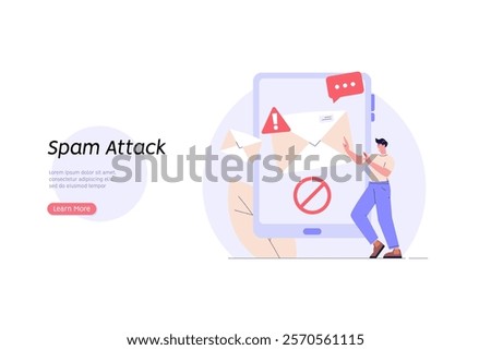 Spam message illustration. User receiving spam email and using anti-spam protection. Concept of spam software spreading, ad blocking, phishing attack, noise advertising. Vector flat cartoon design